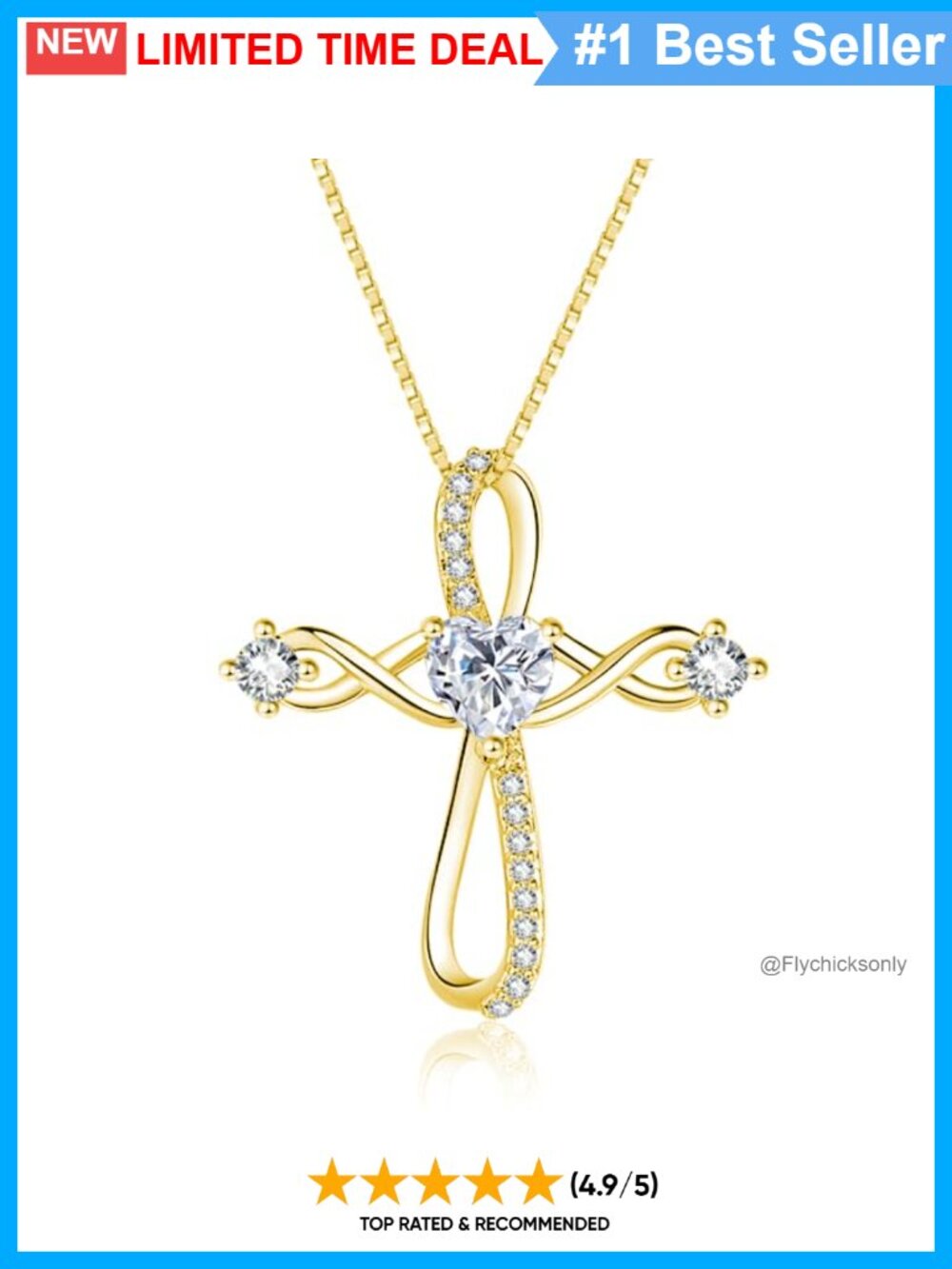 18K Gold Plated Cross Pendant Necklace with Birthstone CZ Infinity Religious